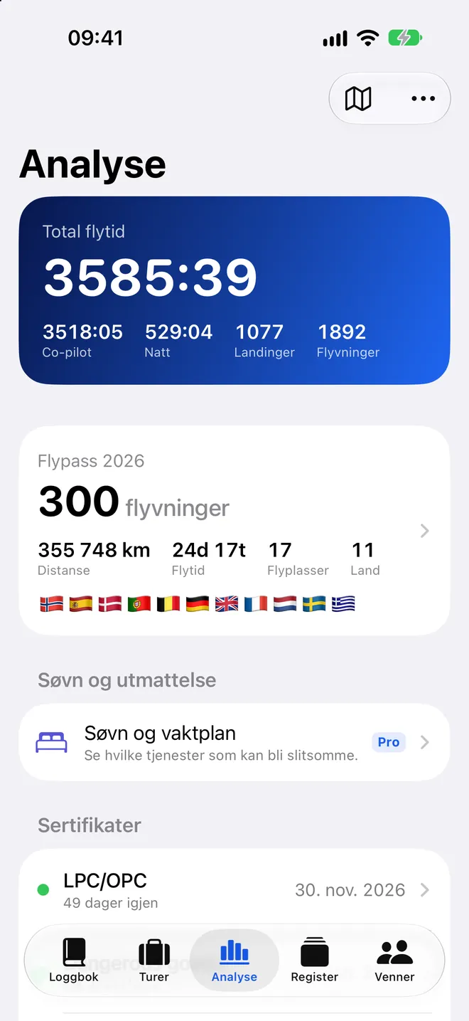 Analyse i Logbook: total flytid, årets flyvninger, søvn og sertifikater
