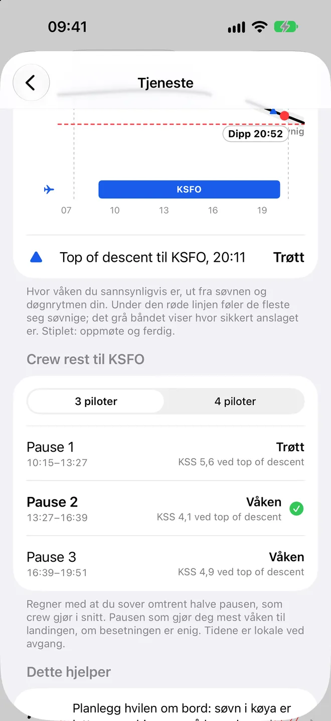 Crew rest i Logbook: tre pauser på en tjeneste til San Francisco, med forventet søvnighet ved top of descent for hver, og den beste merket