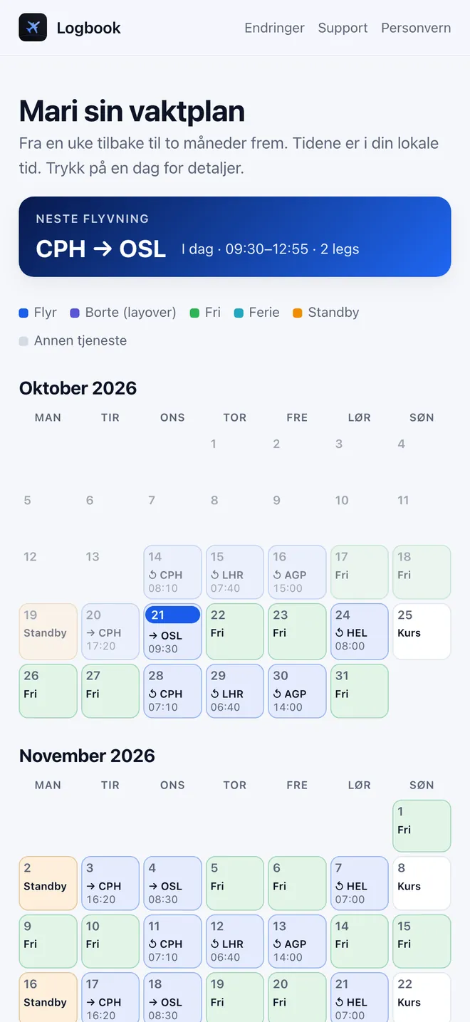 Vaktplan-siden på logbook.no: neste flyvning øverst og en månedskalender med flydager, fridager og layover