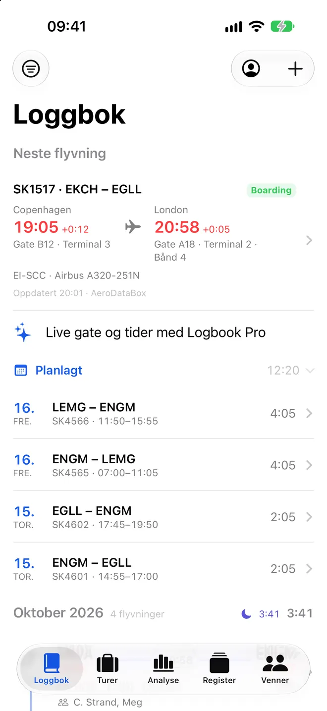 Neste flyvning i Logbook: SK1517 fra København til London med gate, terminal og forventet tid