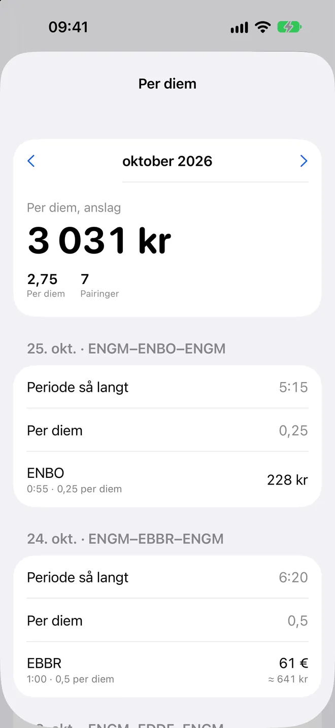 Per diem i Logbook: måneden med antall per diem og beløp, og hver pairing med stopp, valuta og omregnet beløp