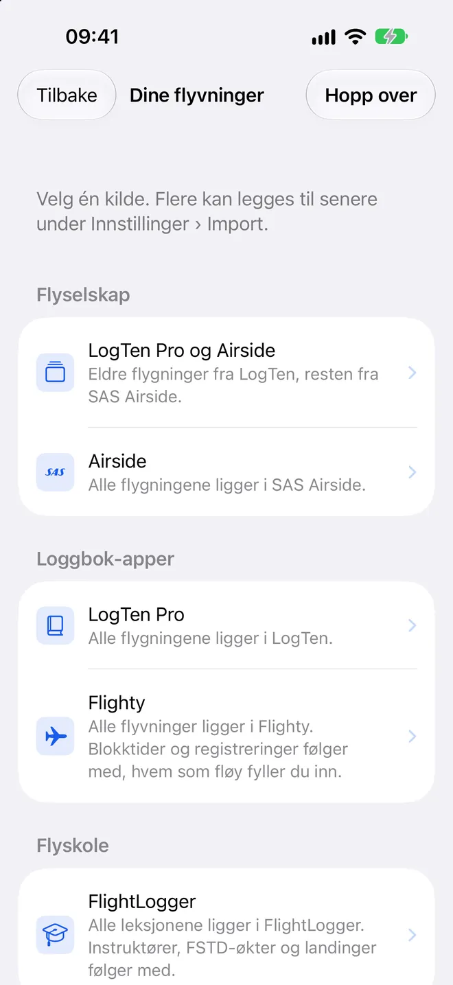 Velg hvor flyvningene dine ligger i dag: flyselskap, loggbok-apper eller flyskole