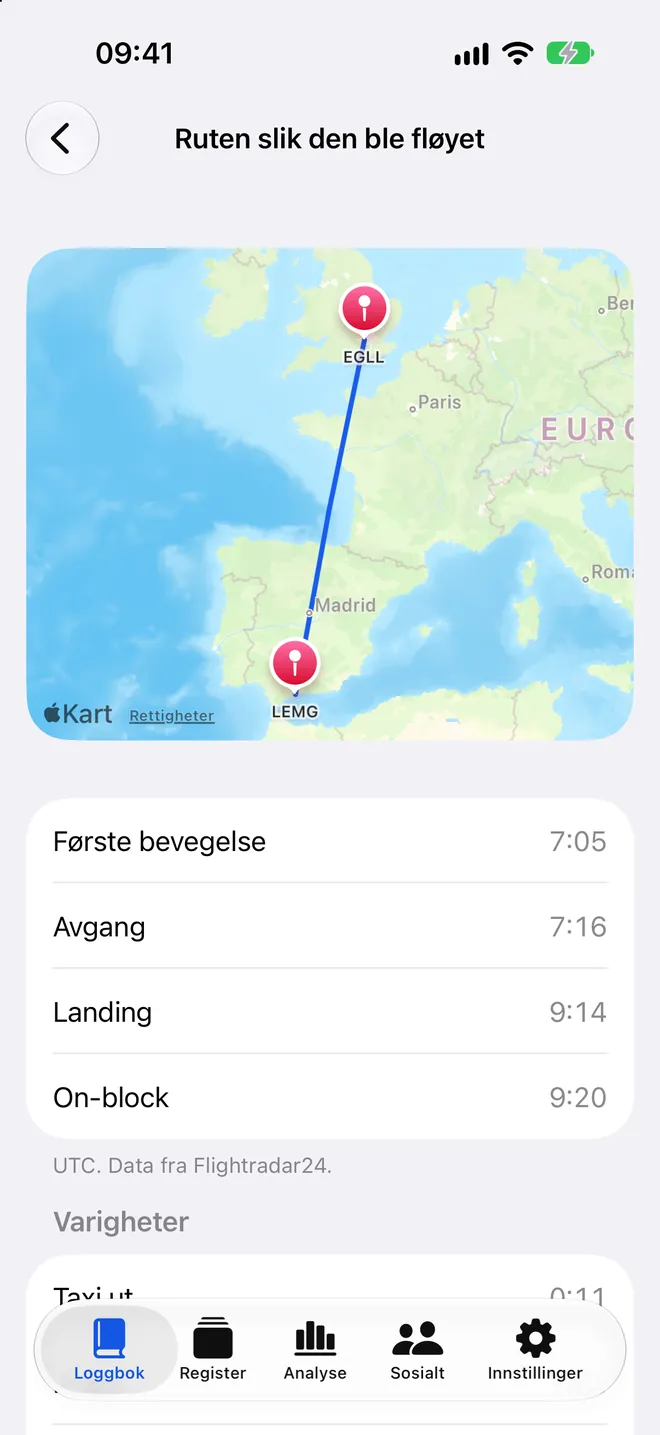 Ruten slik den ble fløyet i Logbook: sporet fra Trondheim til London på kartet, med første bevegelse, avgang, landing og on-block